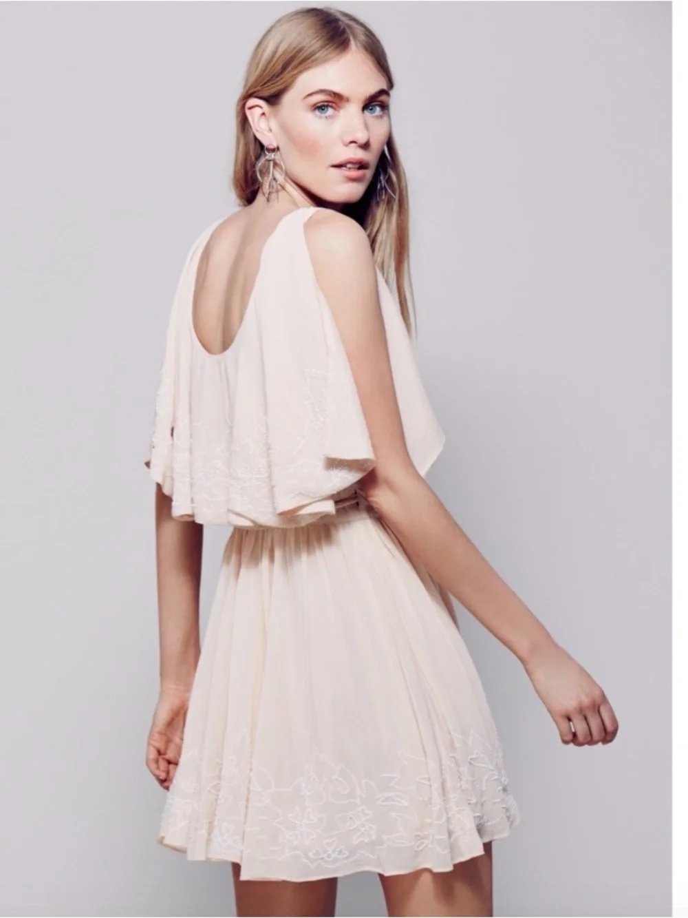 Free People Beaded Cold-Shoulder Wrap Mini Dress Blush / Peach
